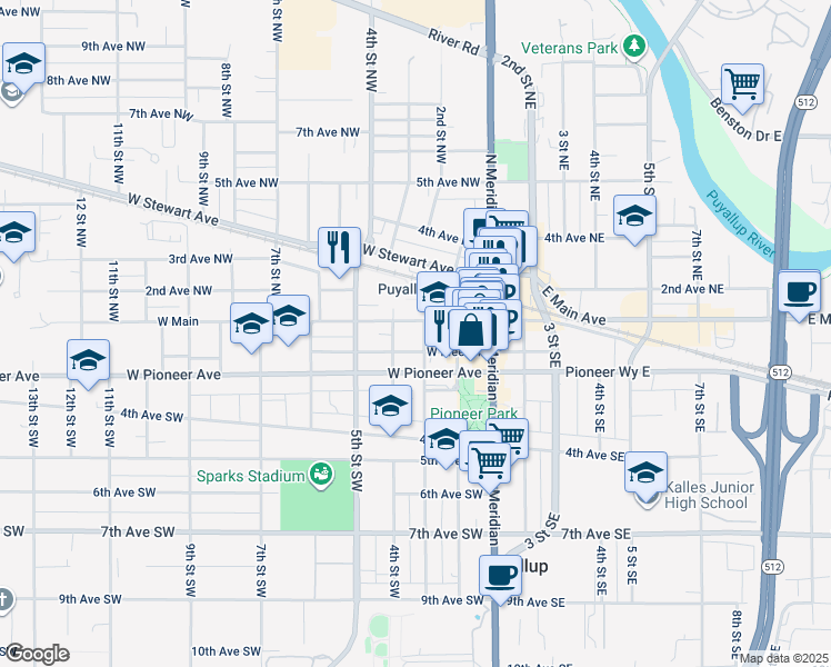 map of restaurants, bars, coffee shops, grocery stores, and more near 108 3 Street Southeast in Puyallup