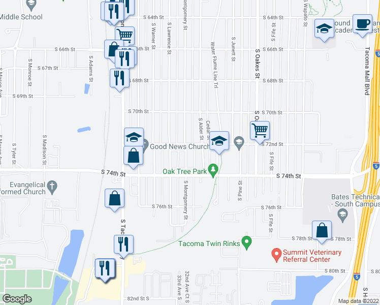 map of restaurants, bars, coffee shops, grocery stores, and more near 7211 South Montgomery Street in Tacoma