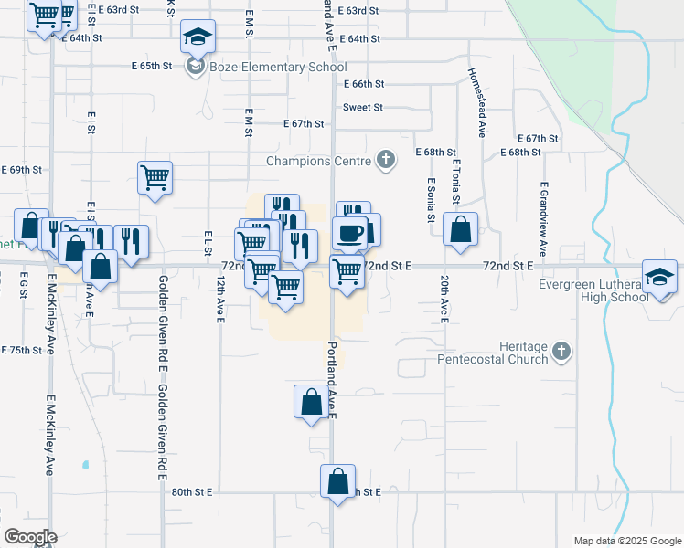 map of restaurants, bars, coffee shops, grocery stores, and more near 7201 Portland Avenue East in Tacoma