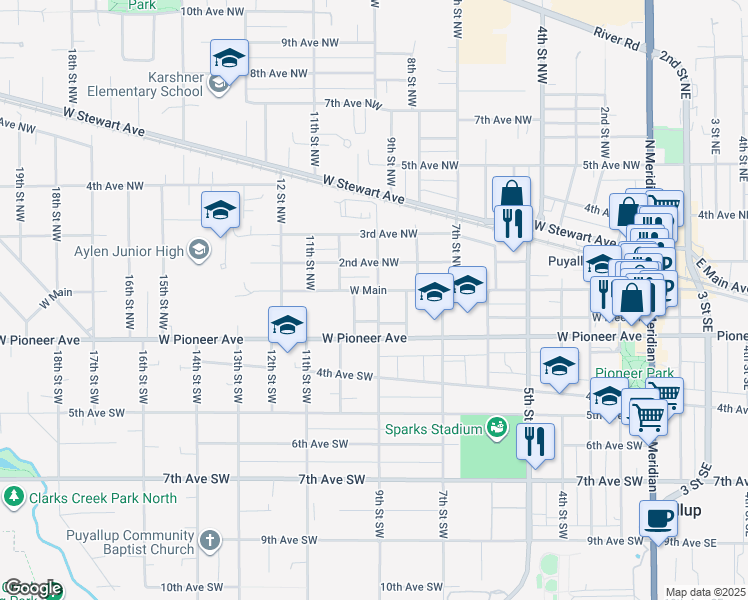 map of restaurants, bars, coffee shops, grocery stores, and more near 104 9th Street Southwest in Puyallup