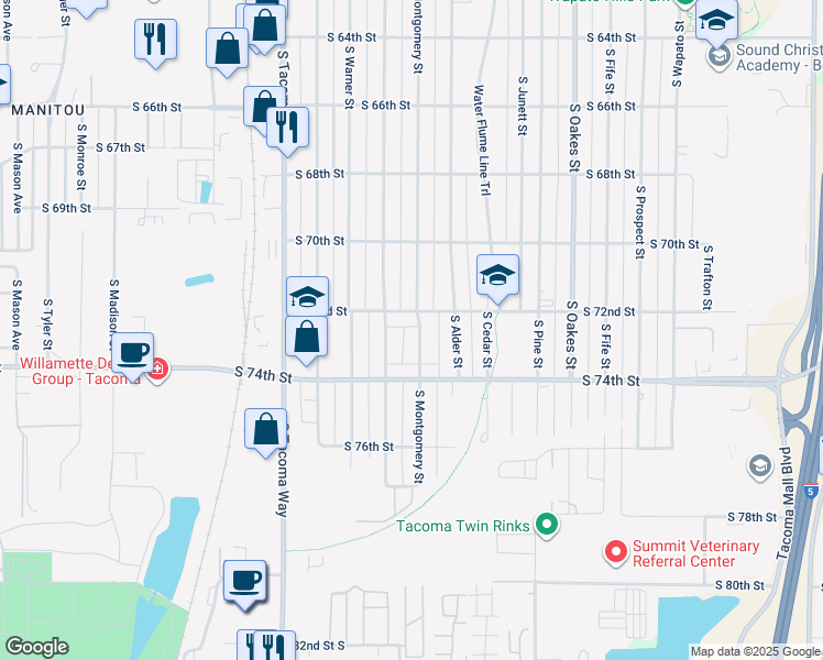 map of restaurants, bars, coffee shops, grocery stores, and more near 7211 South Montgomery Street in Tacoma