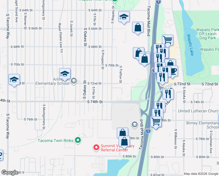 map of restaurants, bars, coffee shops, grocery stores, and more near 7212 South Wapato Street in Tacoma