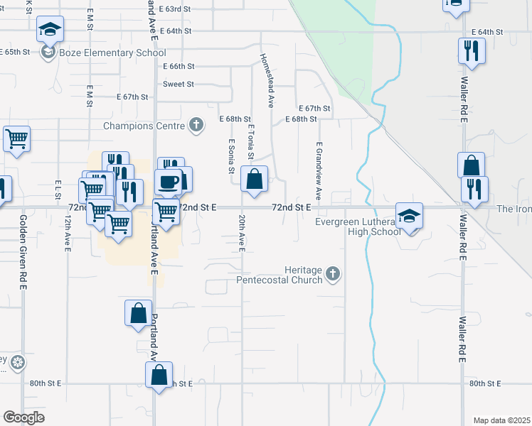 map of restaurants, bars, coffee shops, grocery stores, and more near 2102 72nd Street East in Tacoma