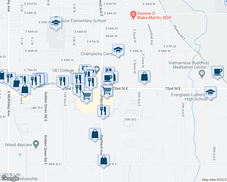 map of restaurants, bars, coffee shops, grocery stores, and more near 1704 72nd Street East in Tacoma