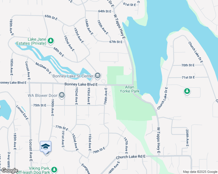 map of restaurants, bars, coffee shops, grocery stores, and more near 7202 194th Avenue East in Bonney Lake