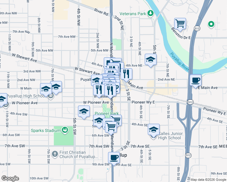 map of restaurants, bars, coffee shops, grocery stores, and more near 105 South Meridian in Puyallup