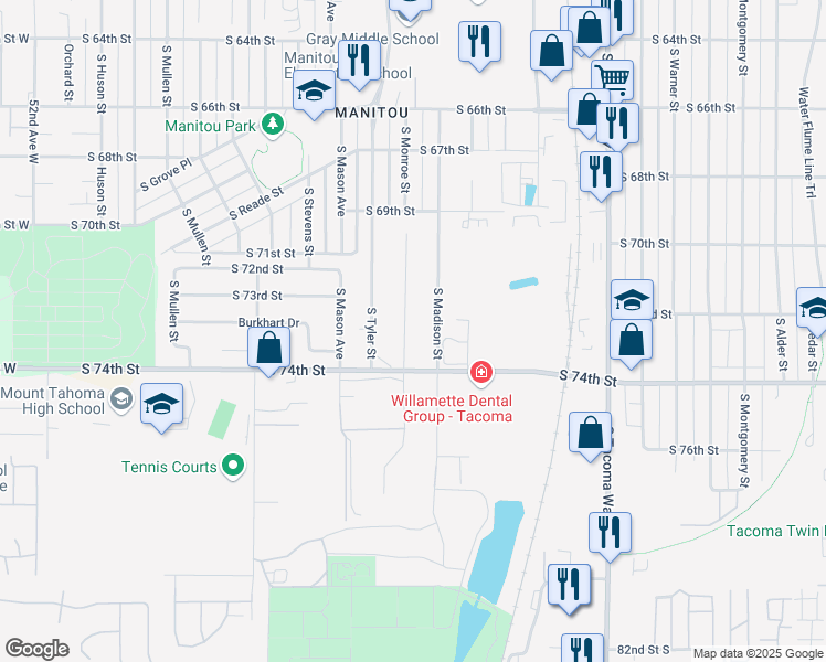 map of restaurants, bars, coffee shops, grocery stores, and more near 7217 South Monroe Street in Tacoma