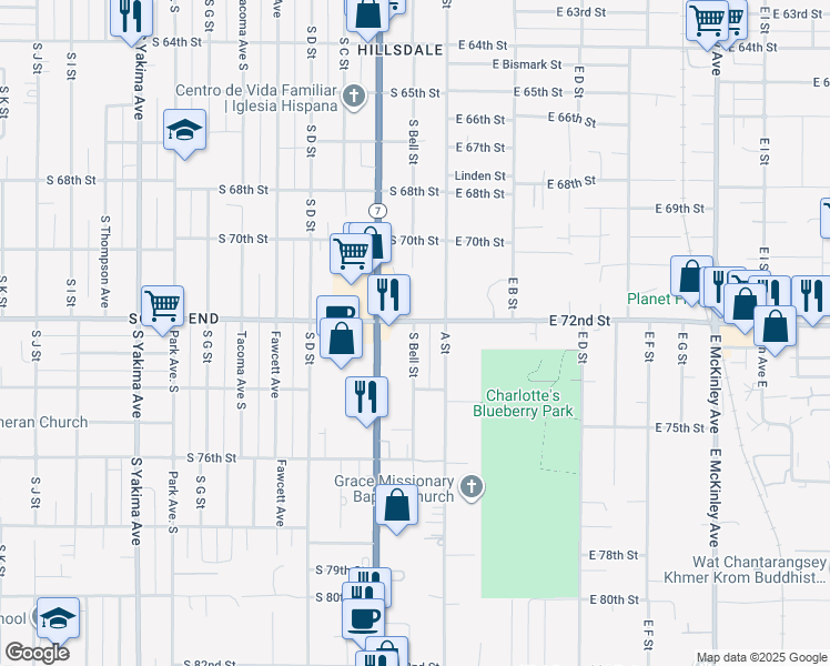 map of restaurants, bars, coffee shops, grocery stores, and more near 7208 South Bell Street in Tacoma