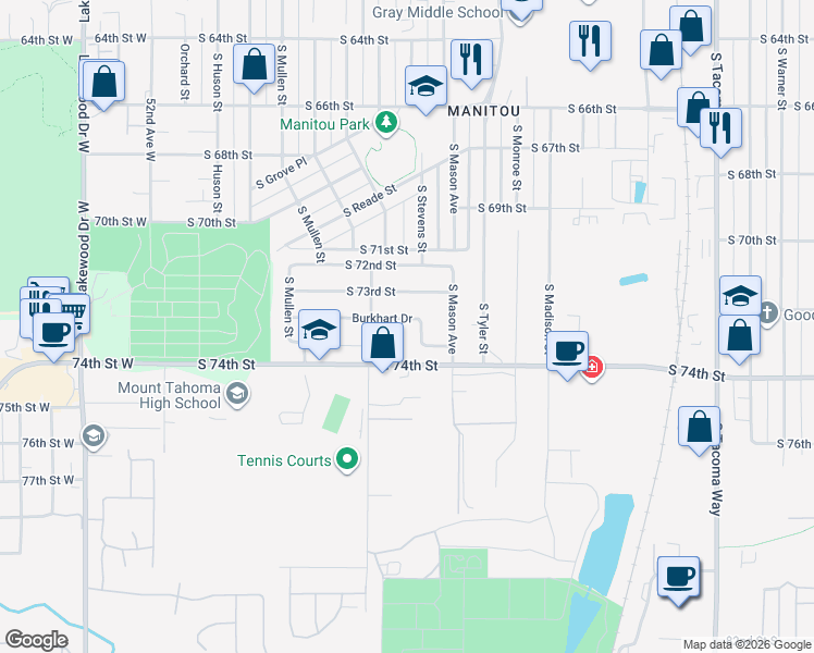 map of restaurants, bars, coffee shops, grocery stores, and more near 4408 Burkhart Drive in Tacoma