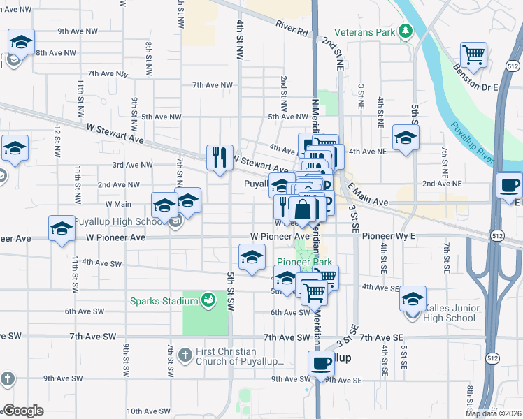 map of restaurants, bars, coffee shops, grocery stores, and more near 108 3rd Street Southeast in Puyallup
