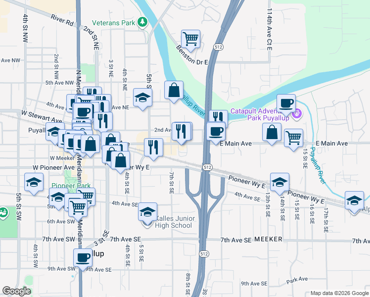 map of restaurants, bars, coffee shops, grocery stores, and more near 722 East Main Avenue in Puyallup