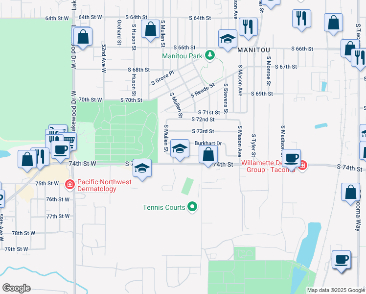 map of restaurants, bars, coffee shops, grocery stores, and more near 4620 Burkhart Drive in Tacoma