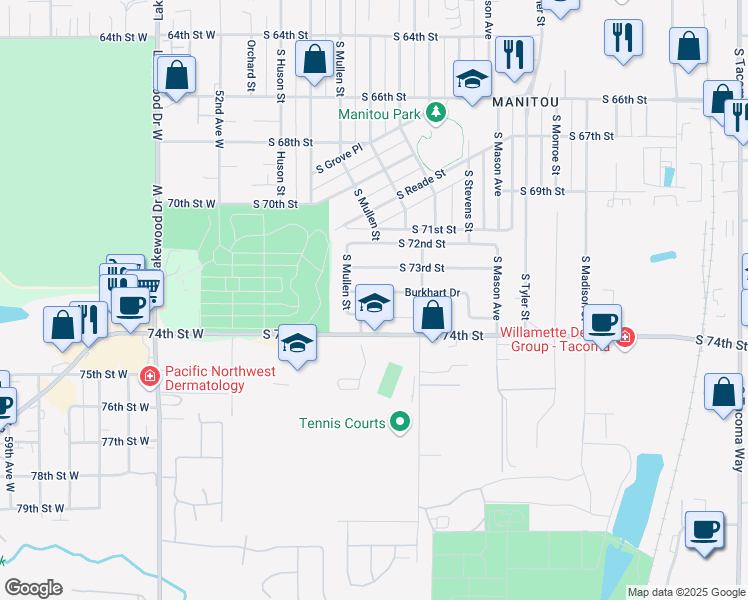 map of restaurants, bars, coffee shops, grocery stores, and more near 4620 Burkhart Drive in Tacoma