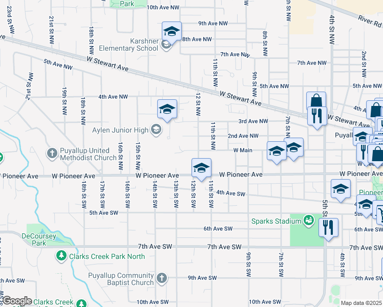 map of restaurants, bars, coffee shops, grocery stores, and more near 1206 West Main Avenue in Puyallup