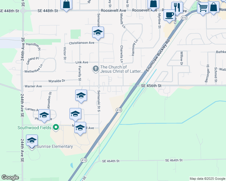 map of restaurants, bars, coffee shops, grocery stores, and more near 2710 Warner Avenue in Enumclaw