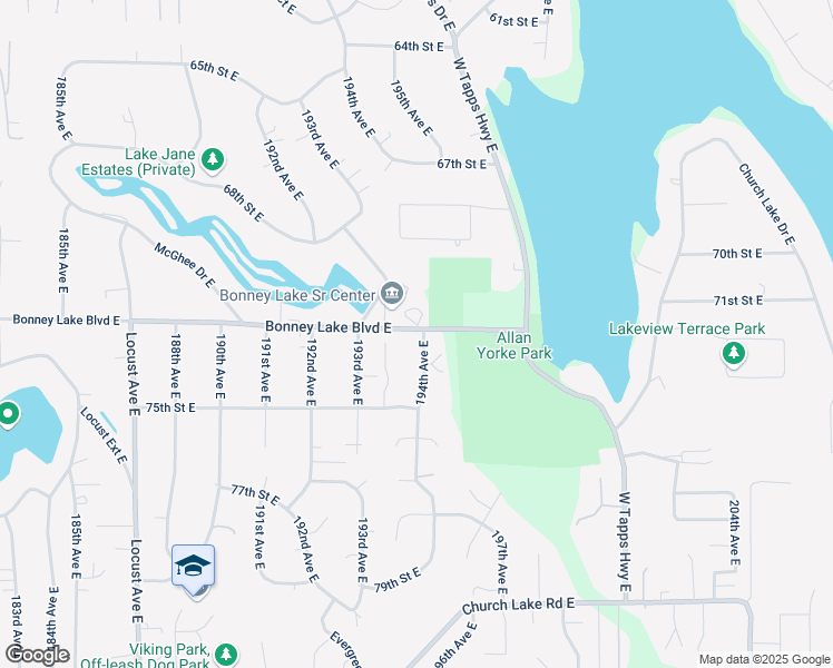 map of restaurants, bars, coffee shops, grocery stores, and more near 7202 194th Avenue East in Bonney Lake