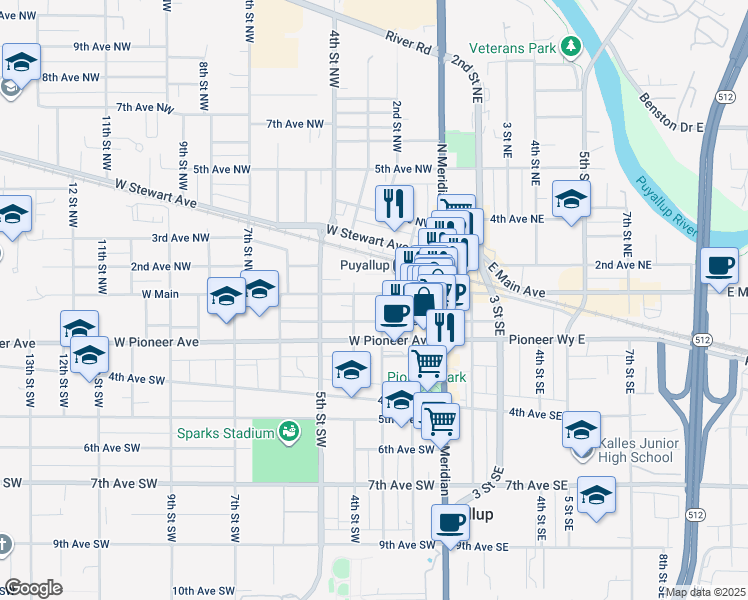 map of restaurants, bars, coffee shops, grocery stores, and more near 108 3rd Street Southeast in Puyallup