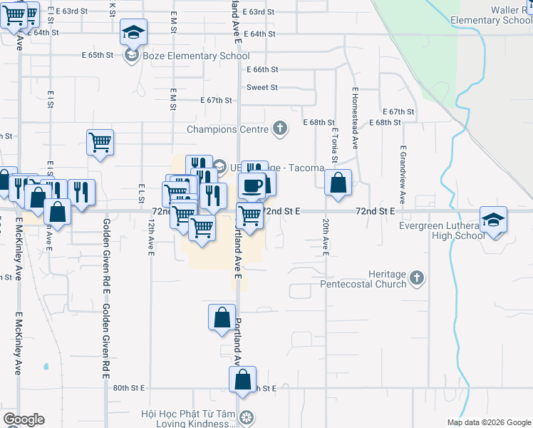 map of restaurants, bars, coffee shops, grocery stores, and more near 1704 72nd Street East in Tacoma