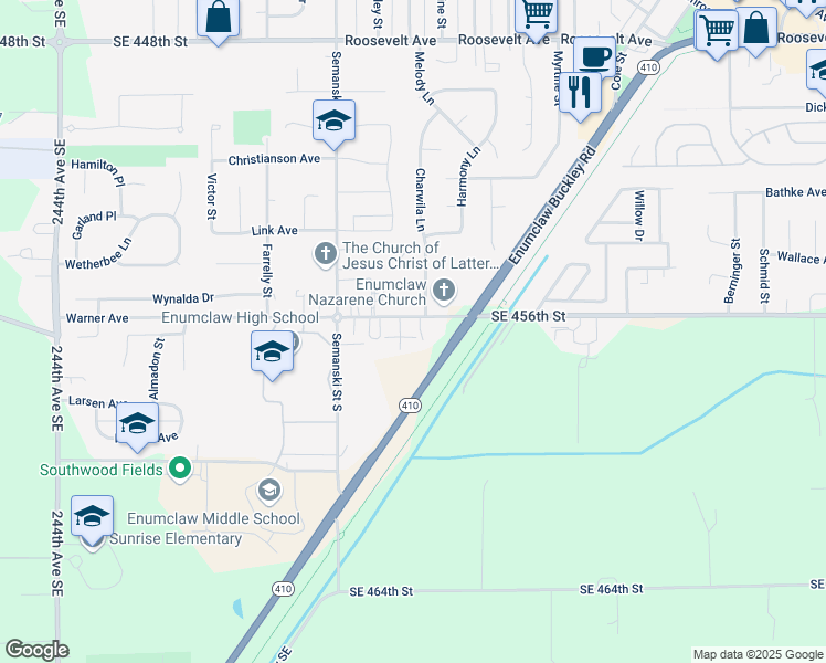 map of restaurants, bars, coffee shops, grocery stores, and more near 131 Leo Place in Enumclaw
