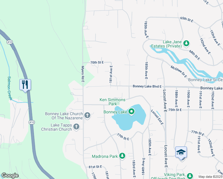 map of restaurants, bars, coffee shops, grocery stores, and more near 18101 Bonney Lake Blvd E in Bonney Lake