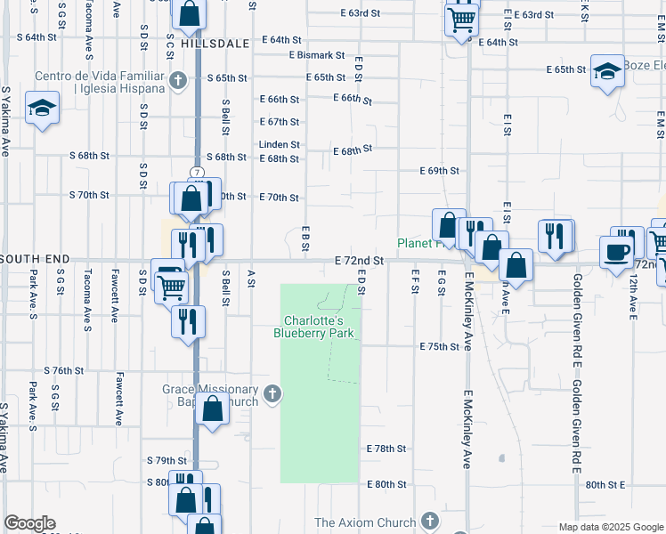 map of restaurants, bars, coffee shops, grocery stores, and more near 226 East 72nd Street in Tacoma