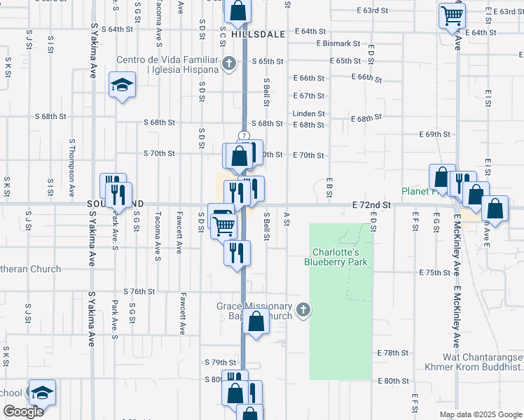 map of restaurants, bars, coffee shops, grocery stores, and more near 7208 South Bell Street in Tacoma
