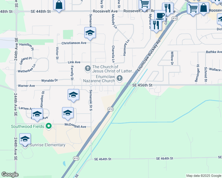 map of restaurants, bars, coffee shops, grocery stores, and more near 131 Leo Place in Enumclaw