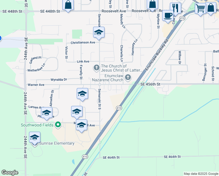 map of restaurants, bars, coffee shops, grocery stores, and more near 2710 Warner Avenue in Enumclaw