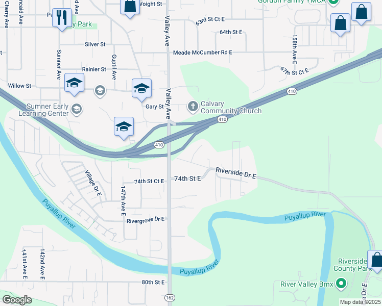 map of restaurants, bars, coffee shops, grocery stores, and more near 7118 151st Avenue East in Sumner