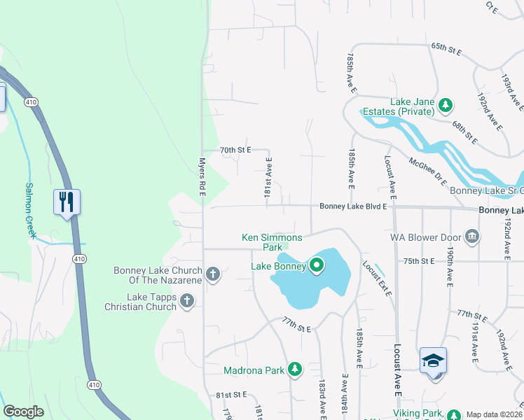 map of restaurants, bars, coffee shops, grocery stores, and more near 18101 Bonney Lake Boulevard East in Bonney Lake