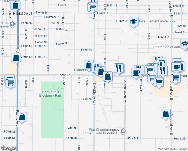 map of restaurants, bars, coffee shops, grocery stores, and more near 7200 East McKinley Avenue in Tacoma