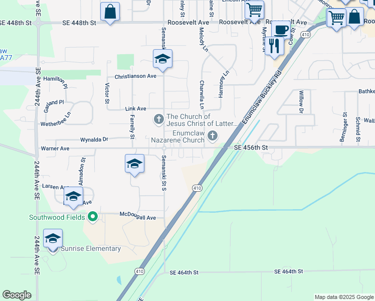 map of restaurants, bars, coffee shops, grocery stores, and more near 2710 Warner Avenue in Enumclaw