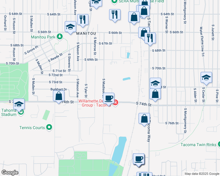 map of restaurants, bars, coffee shops, grocery stores, and more near 7215 South Madison Street in Tacoma