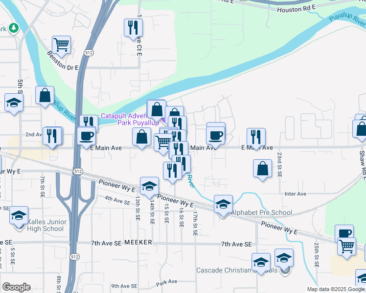 map of restaurants, bars, coffee shops, grocery stores, and more near 117 15 Street Southeast in Puyallup