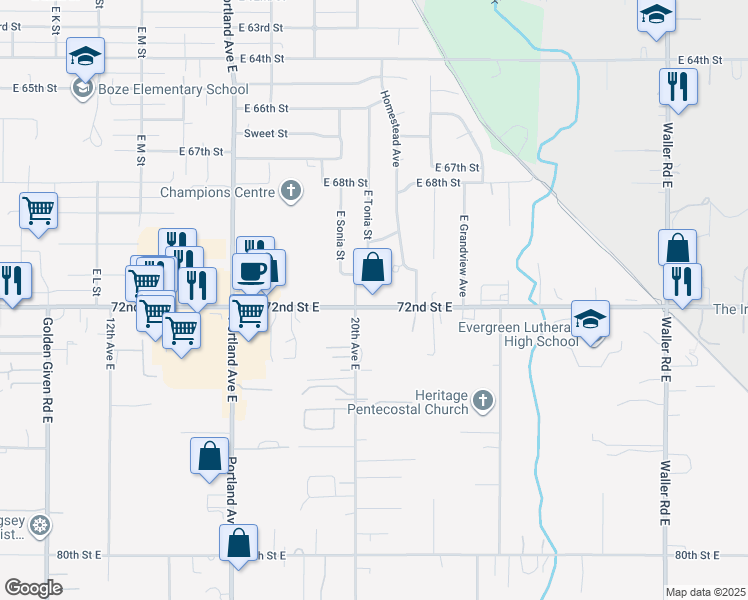 map of restaurants, bars, coffee shops, grocery stores, and more near 2102 72nd Street East in Tacoma