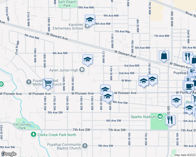 map of restaurants, bars, coffee shops, grocery stores, and more near 1206 West Main in Puyallup