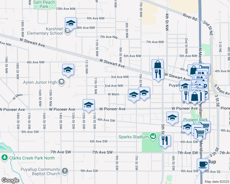 map of restaurants, bars, coffee shops, grocery stores, and more near 104 9th Street Southwest in Puyallup