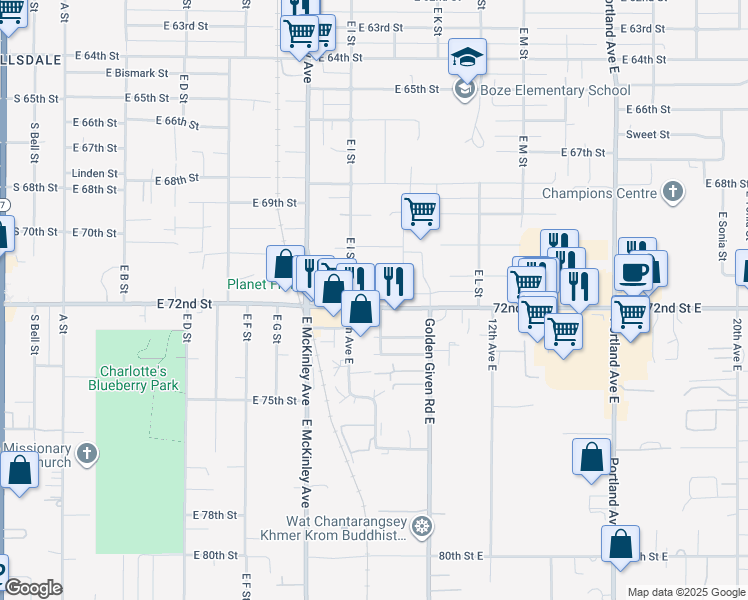 map of restaurants, bars, coffee shops, grocery stores, and more near 7206 9th Avenue Court East in Tacoma