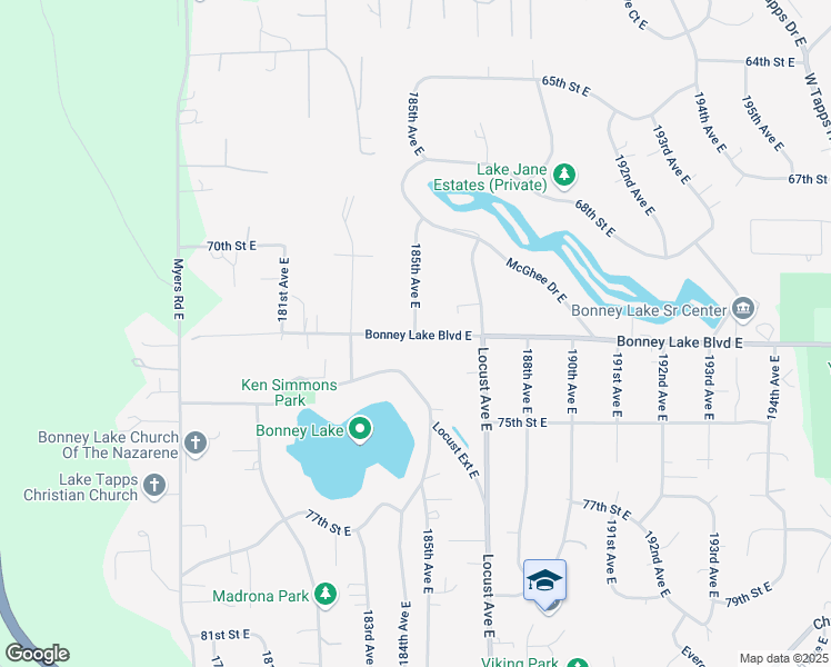 map of restaurants, bars, coffee shops, grocery stores, and more near 7198 185th Avenue East in Bonney Lake