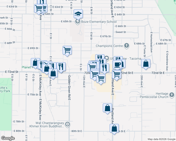 map of restaurants, bars, coffee shops, grocery stores, and more near 1229 East 72nd Street in Tacoma