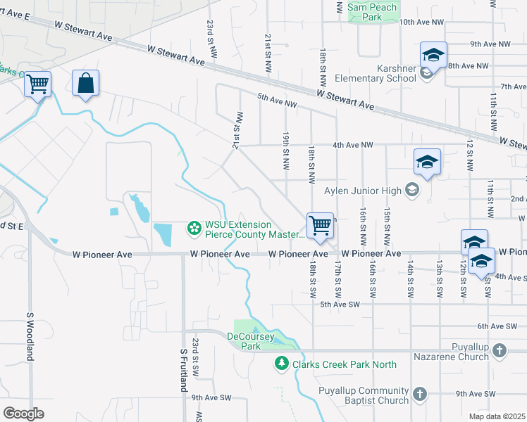map of restaurants, bars, coffee shops, grocery stores, and more near 165 McElroy Place in Puyallup