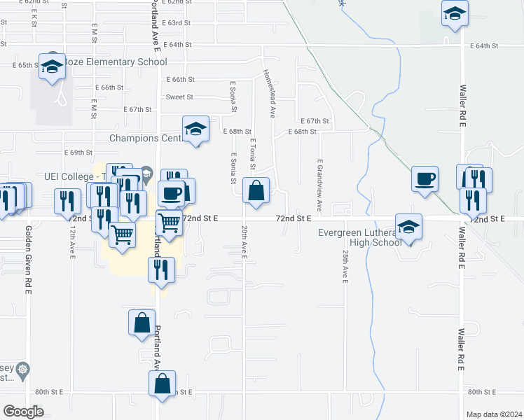 map of restaurants, bars, coffee shops, grocery stores, and more near 2021 East 72nd Street in Tacoma