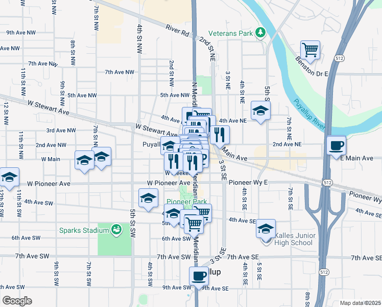 map of restaurants, bars, coffee shops, grocery stores, and more near 105 South Meridian in Puyallup