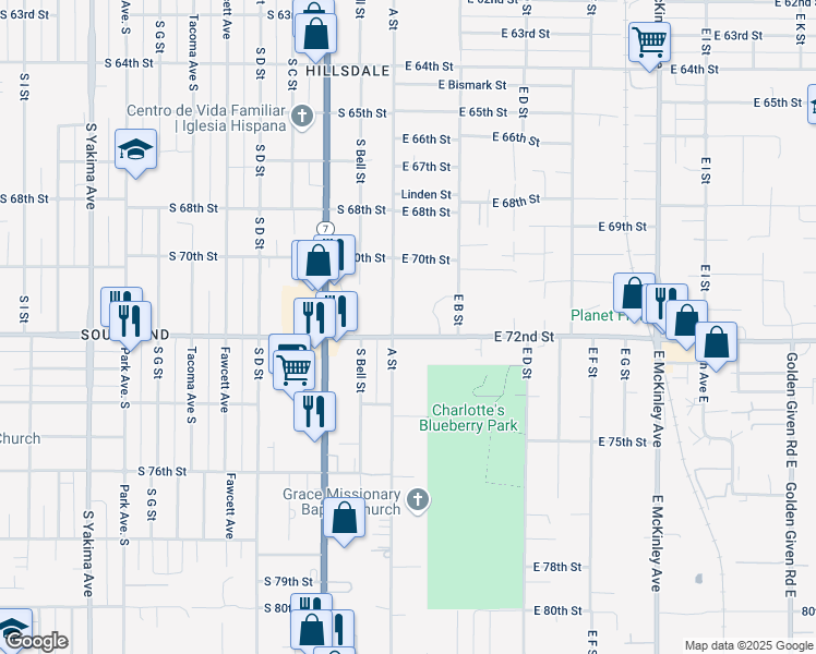 map of restaurants, bars, coffee shops, grocery stores, and more near 7210 A Street in Tacoma