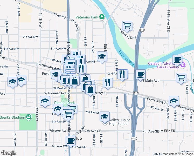 map of restaurants, bars, coffee shops, grocery stores, and more near 412 East Main Avenue in Puyallup