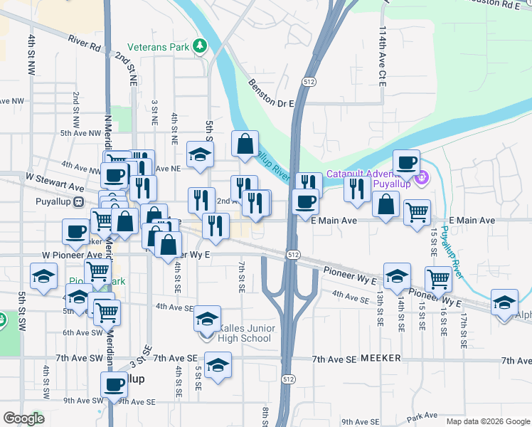 map of restaurants, bars, coffee shops, grocery stores, and more near 722 East Main Avenue in Puyallup