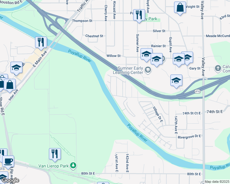 map of restaurants, bars, coffee shops, grocery stores, and more near 7112 141st Avenue East in Sumner