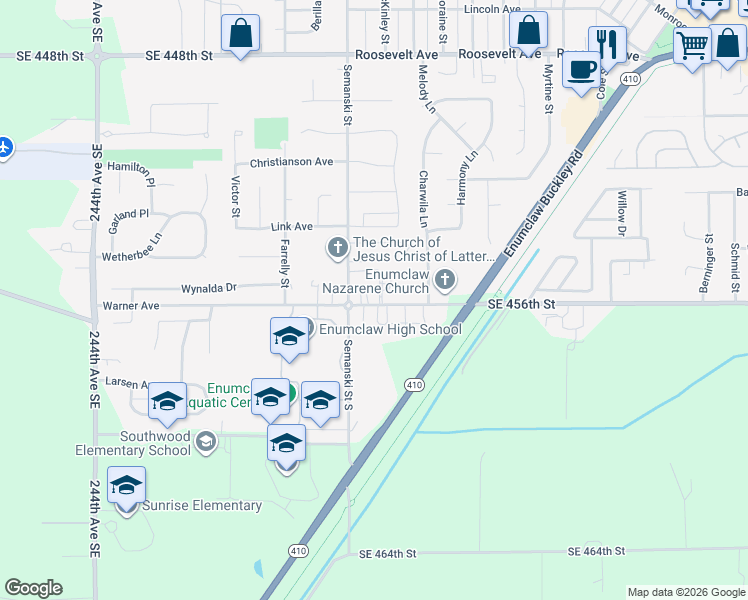 map of restaurants, bars, coffee shops, grocery stores, and more near 2710 Warner Avenue in Enumclaw