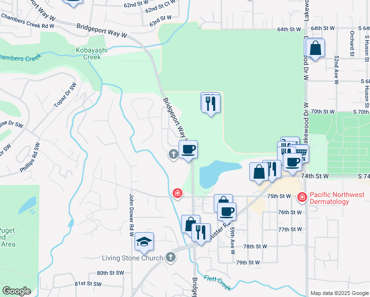 map of restaurants, bars, coffee shops, grocery stores, and more near in Lakewood