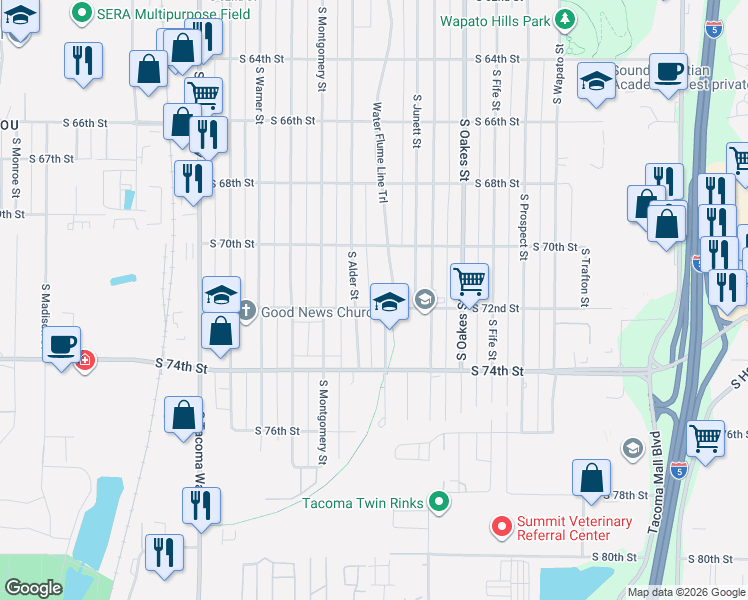 map of restaurants, bars, coffee shops, grocery stores, and more near 7215 South Alder Street in Tacoma